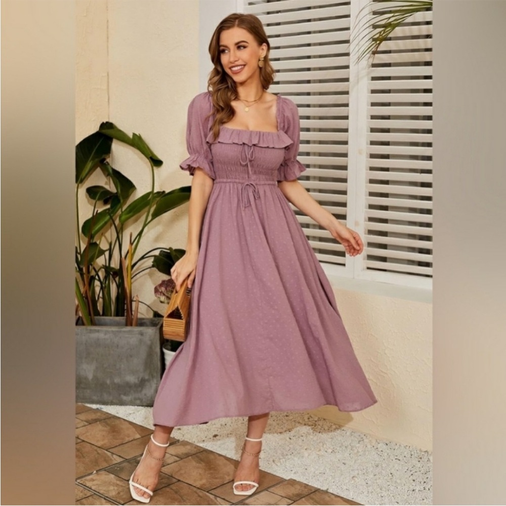 R. Viposha Mauve Blush Dusty Rose Swiss Dot Midi Dress Puff Sleeve Cottagecore